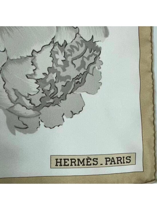 Hermes Scarf Carre 90 les Pivoines Paeonia Silk White Beige